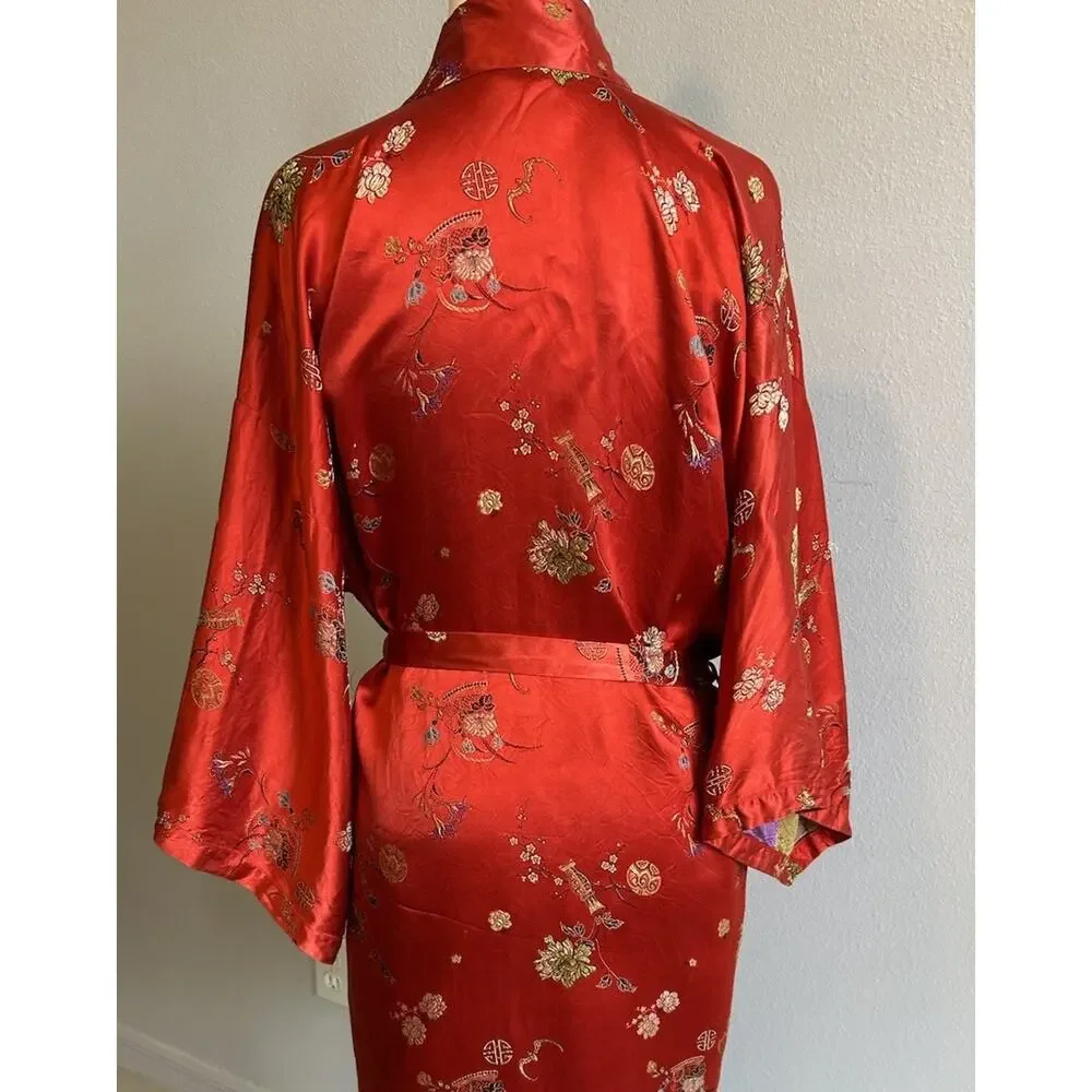 Vintage Kimono Robe Red Patchwork Reversible Asian Gold Hong Kong Retro Pockets